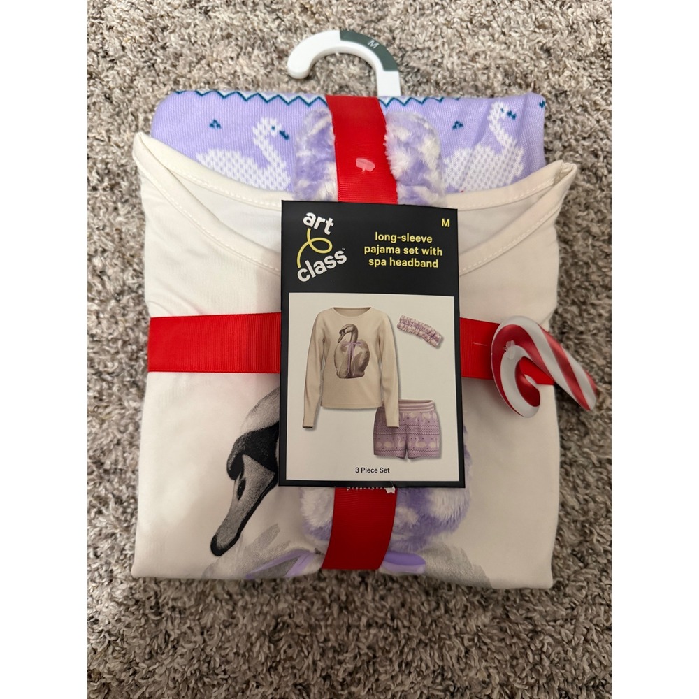 Art Class Girls Swan Pajama Set 3 Piece Long Sleeve Shorts Spa Headband M 8-10